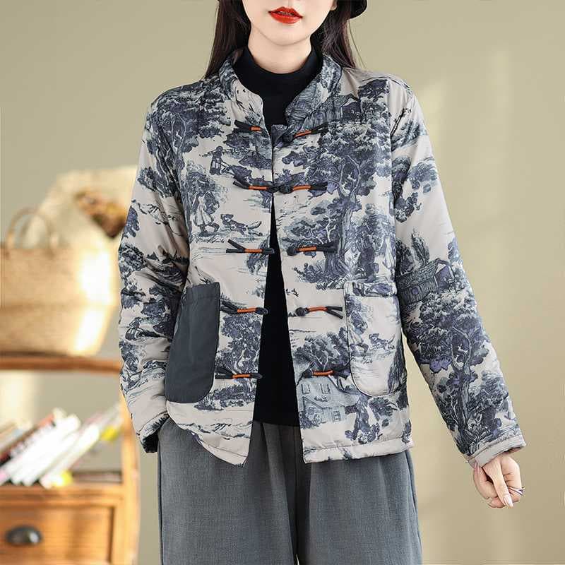 Winter New Ink Painting Print Loose Cotton Coat, Women's Small Stand Collar Long Sleeve Retro Frog Button Cotton Jacket