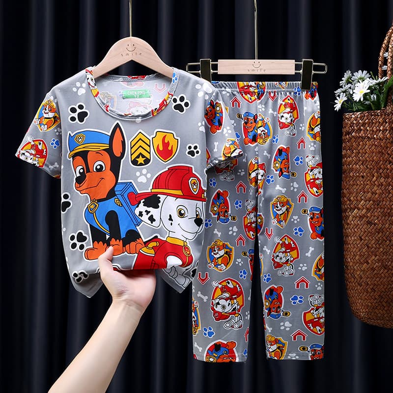 Children's Pajamas Summer Thin Short Sleeve Long Pants for Boys and Girls Cute Home Wear with Air Conditioning