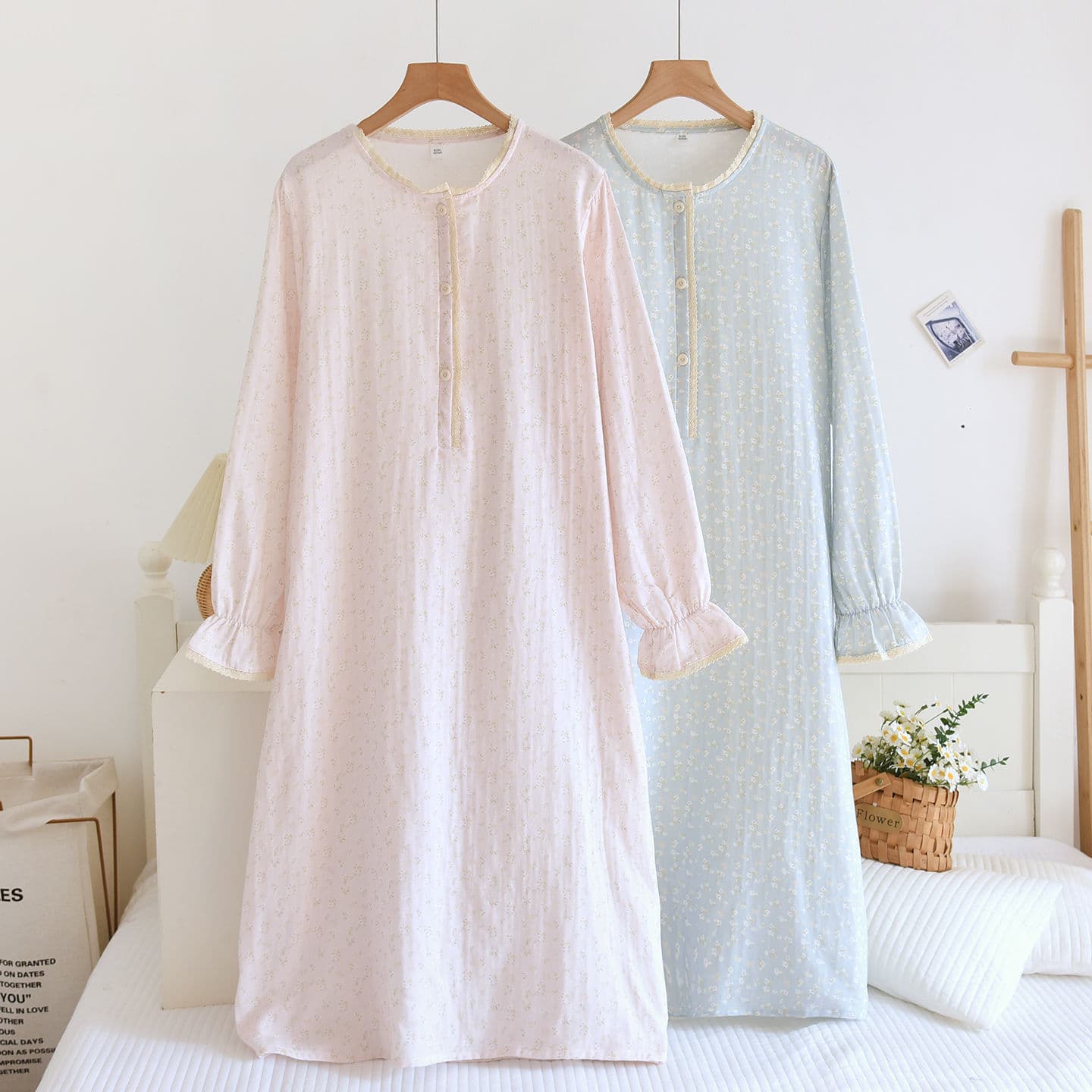 Women's Spring/Summer New Nightgown, Pure Cotton Gauze, Fresh Floral Print, Long Sleeve Dress, Japanese Princess Style, Home Dress