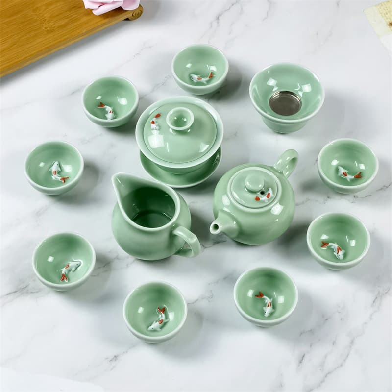 Celadon cup with goldfish design, ceramic Kung Fu tea set, gaiwan, teapot, tea rinse bowl, ashtray, tea canister, home/office single teapot