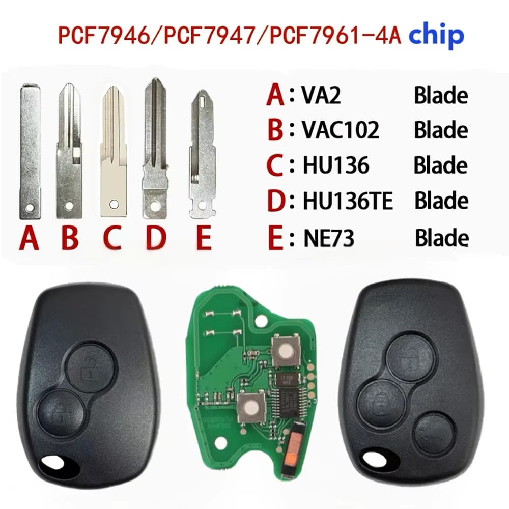 Compatible with Renault 2-button and 3-button remote key 433MHz ID46-PCF7946.47/7961-4A chip
