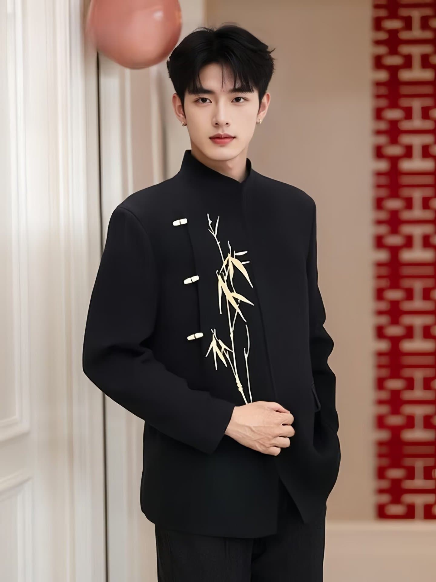 New Chinese Style Men's Ceremonial Suit Set for Engagement, Casual Blazer with Mandarin Collar, Gold Bamboo Embroidery, Zhongshan Suit Jacket for Men