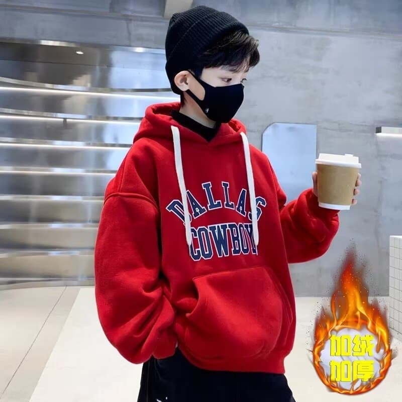 Children's Boys Winter Hoodie 2025 New Style Mid-Large Kids Autumn Winter Boys One-Piece Fleece Lined Thick Top Trendy