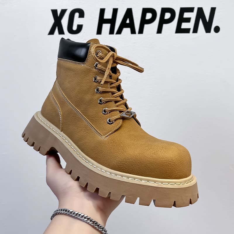 2024 New Men's Martin Boots, Thick-Soled, Height-Increasing, British Style, Winter Fleece-Lined Motorcycle Boots, Yellow Boots 66621-A