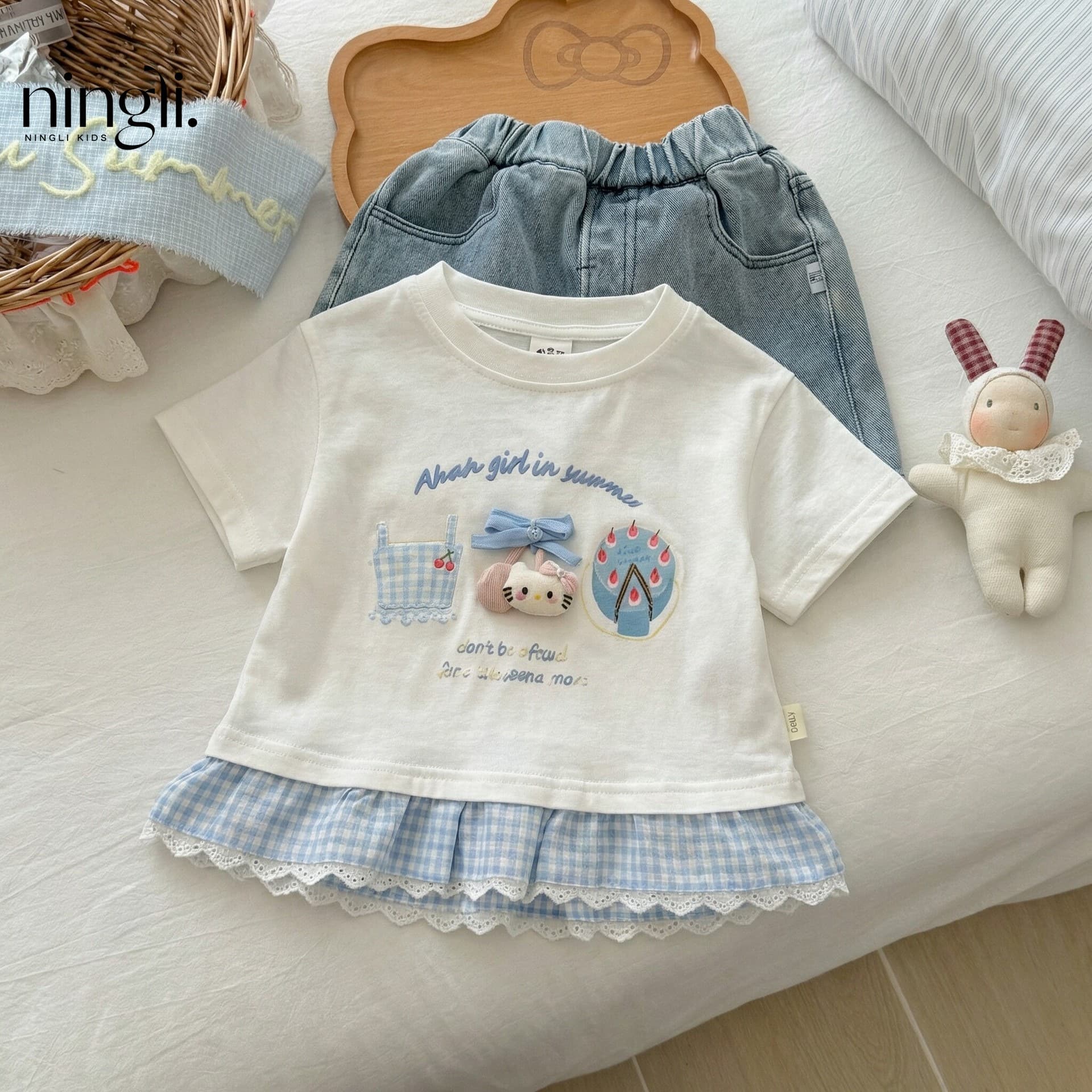 Ningli Girls' Summer 3D Cat Patchwork Plaid Lace Short-Sleeve Top Cotton Stylish Waist-Cinching Top for Babies