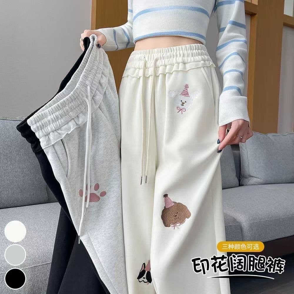 2025 Autumn Winter New Fashion Lazy Style Cartoon Embroidered Wide Leg Pants Women Casual Slimming Versatile Sports Trousers