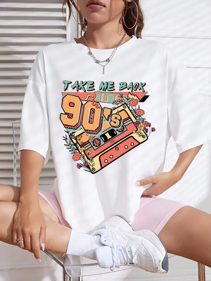 Take Me Back to the 90s Printed T-Shirt for Women, Machine Washable Retro T-Shirt, Street Fashion Soft Top Design Classic Style