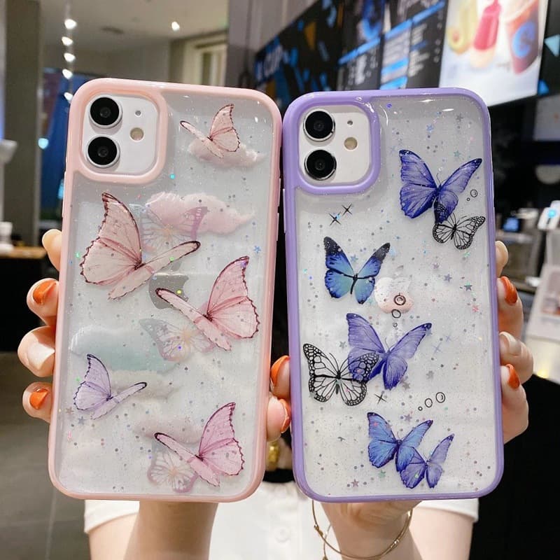 Resin Glitter Butterfly Skin-Friendly Phone Case for iPhone 16, Apple 15 Pro Max Soft Gel 7/8 Girl XS