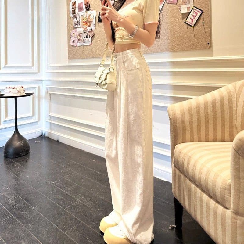 New Spring Women's High-Waist Straight-Leg Wide-Leg Jeans, Slimming Loose Fit, White, Petite-Friendly Floor-Length Pants