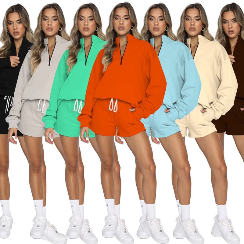 211271 Autumn and Winter New Style European and American Solid Color Stand Collar Zipper Pullover Long Sleeve Sweater Women's Fashion Shorts Set