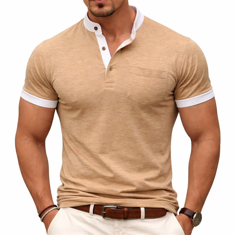 New Summer Men's Fashion Casual T-Shirt for Cross-Border Europe and US Markets, Slim Fit Henley Short Sleeve Color-Block Tee