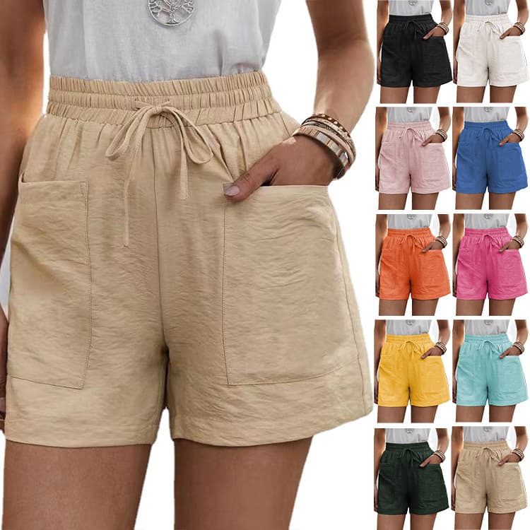 2023 European and American Cross-Border Wish Summer Women's New Loose Linen Casual Shorts with Pockets, Solid Color, Plus Size, High Waist