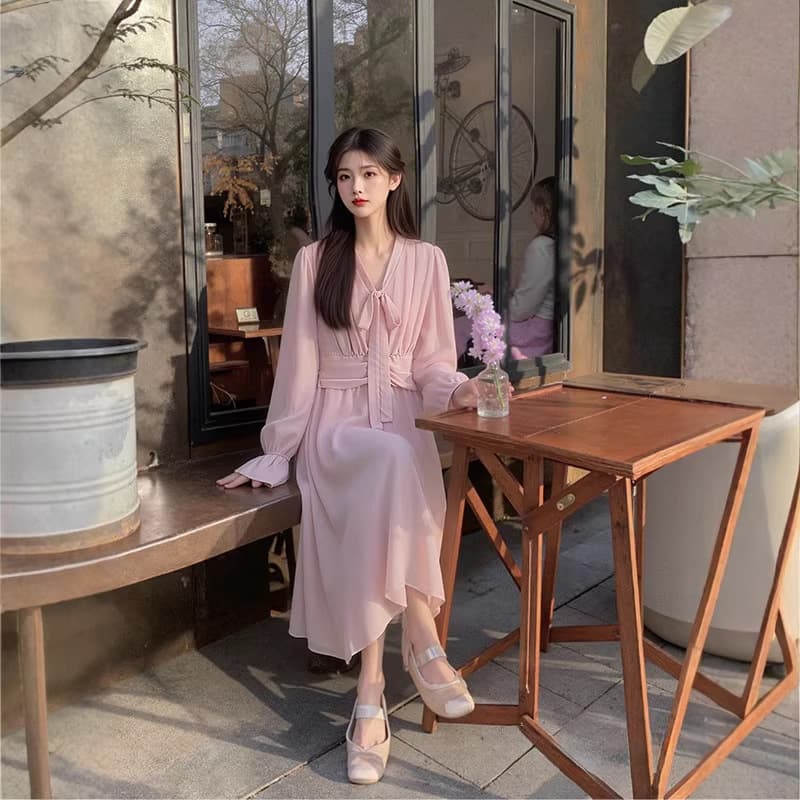 Plus Size Women's Spring/Summer New Style Long-Sleeve Dress, Elegant and Slimming, Pink, 130-300 lbs