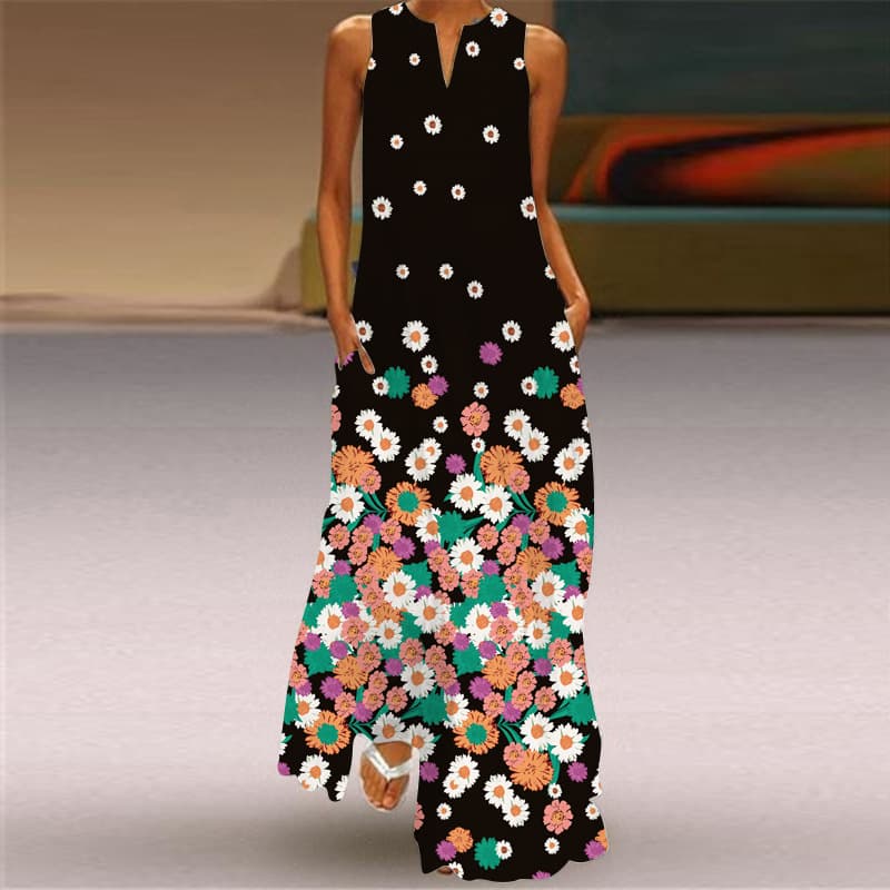 2026 New Summer Women's Sleeveless Long Skirt V-neck Printed Retro Dress European and American Cross-Border Foreign Trade Women's Clothing