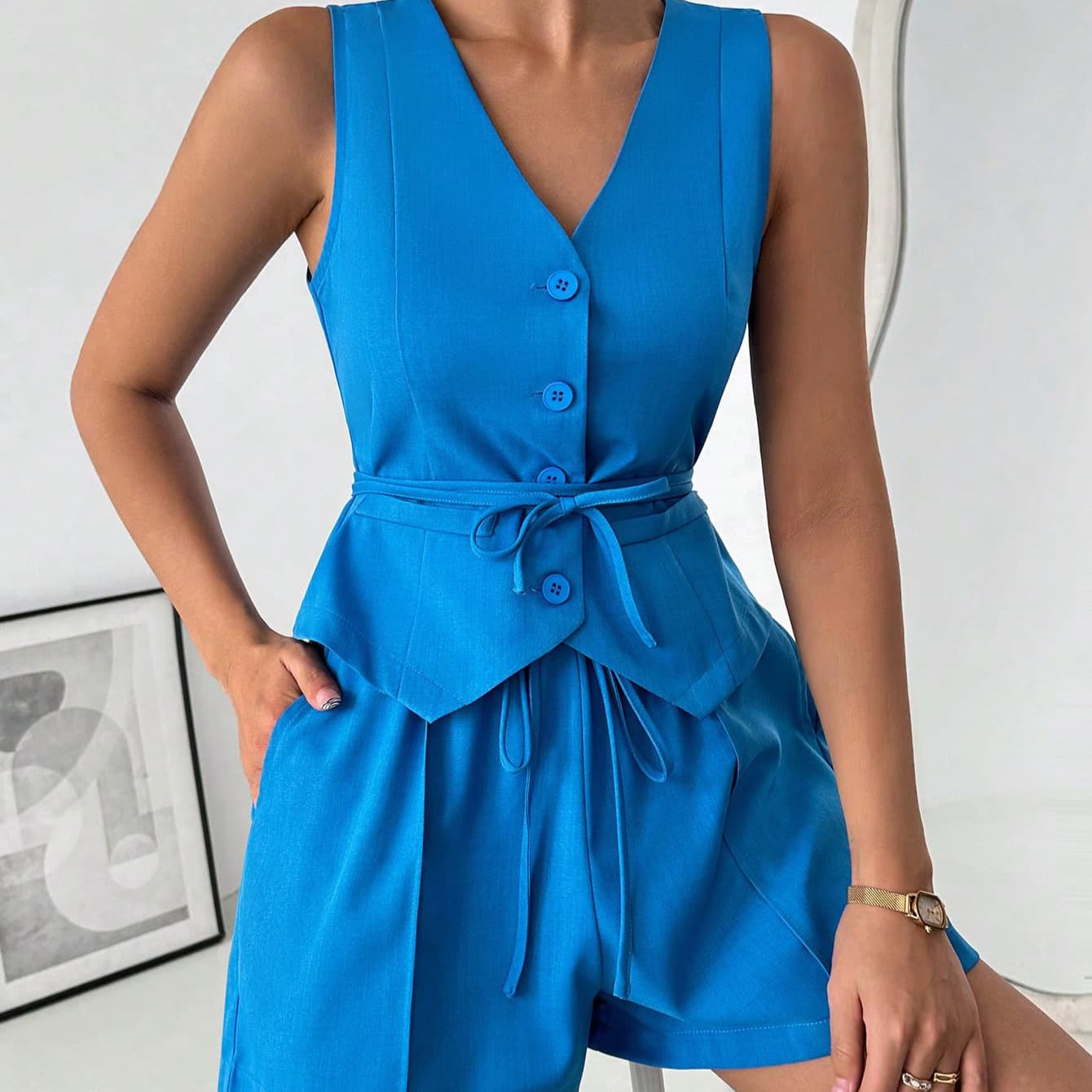 European & American Women's Matching One-Piece Sleeveless Set, Casual Waist-Tied Top with Early Spring Dopamine Fashion Shorts Set