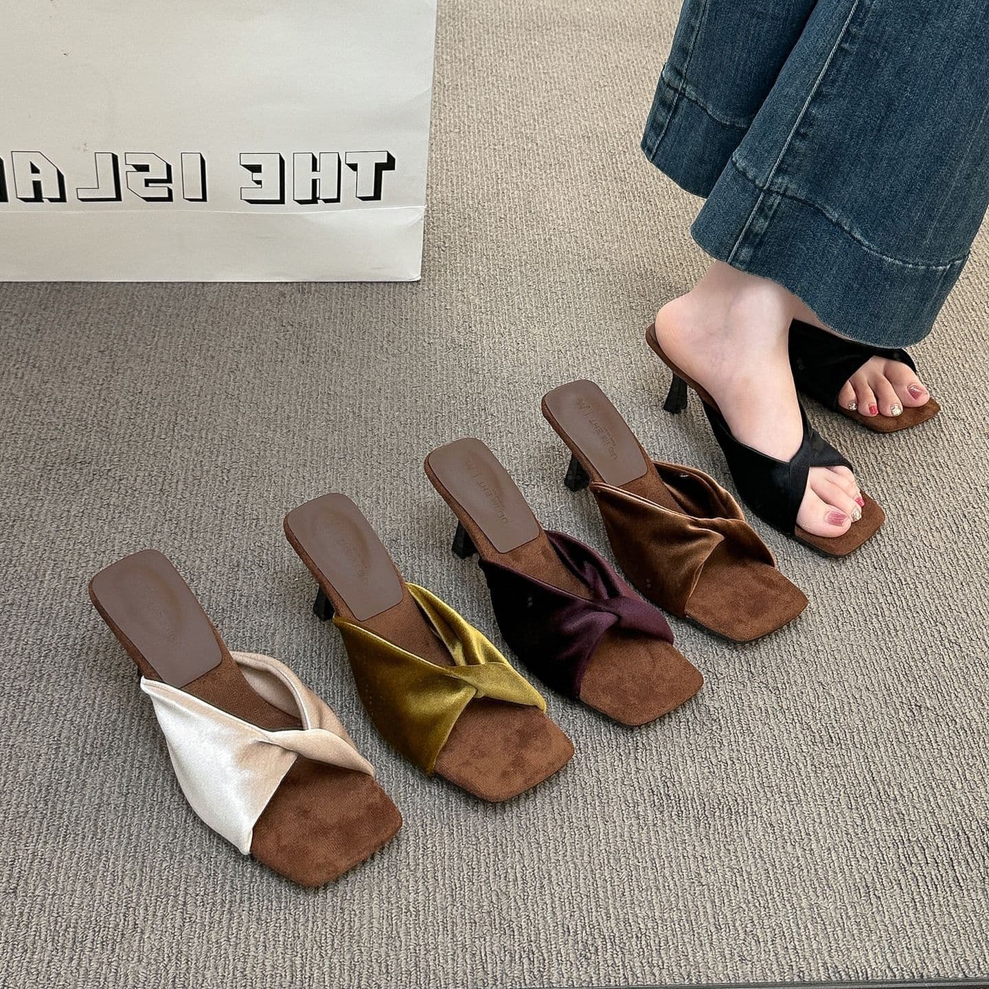 Fashion Velvet Square Toe Thin Heel One-Band Sandals for Women 2026 New French Vintage High Heel Sandals to Match Dresses