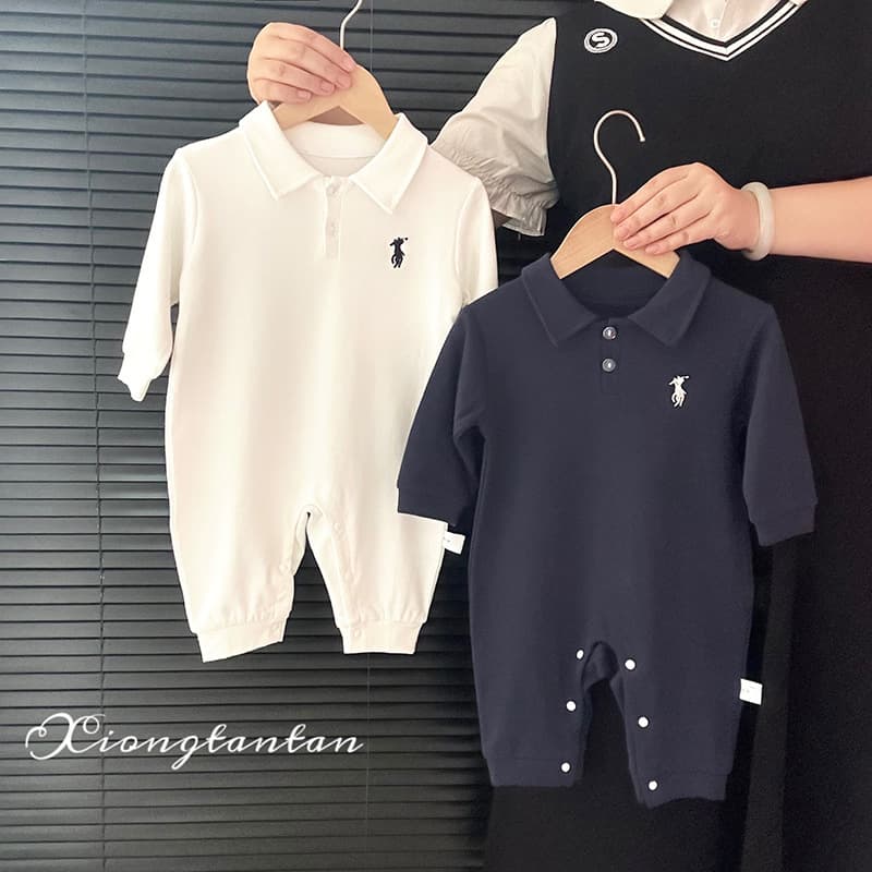 Autumn Newborn Baby Long Sleeve Thin Polo Romper Britsh Style Crawler Suit Cotton Onesie for Boys Baby Clothes Bear Tank