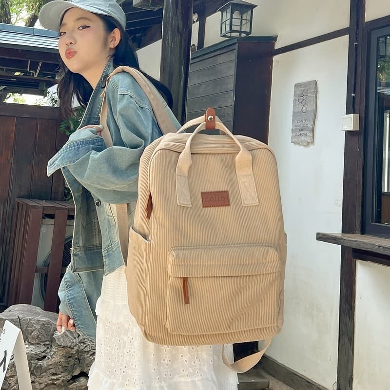 Corduroy Minimalist Backpack New Korean Style Ins Solid Color Artistic Lightweight Bag for College Students Class Commute