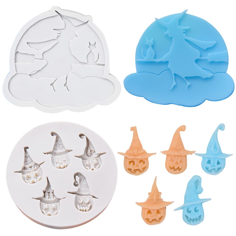 Halloween Hat Pumpkin Ghost Head Riding Broom Witch Fondant Silicone Mold Cake DIY Baking Mold