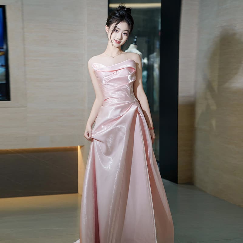 2026 New Satin Elegant Princess Evening Dress for Women, French Strapless Bridal Gown for Engagement and Wedding Toast