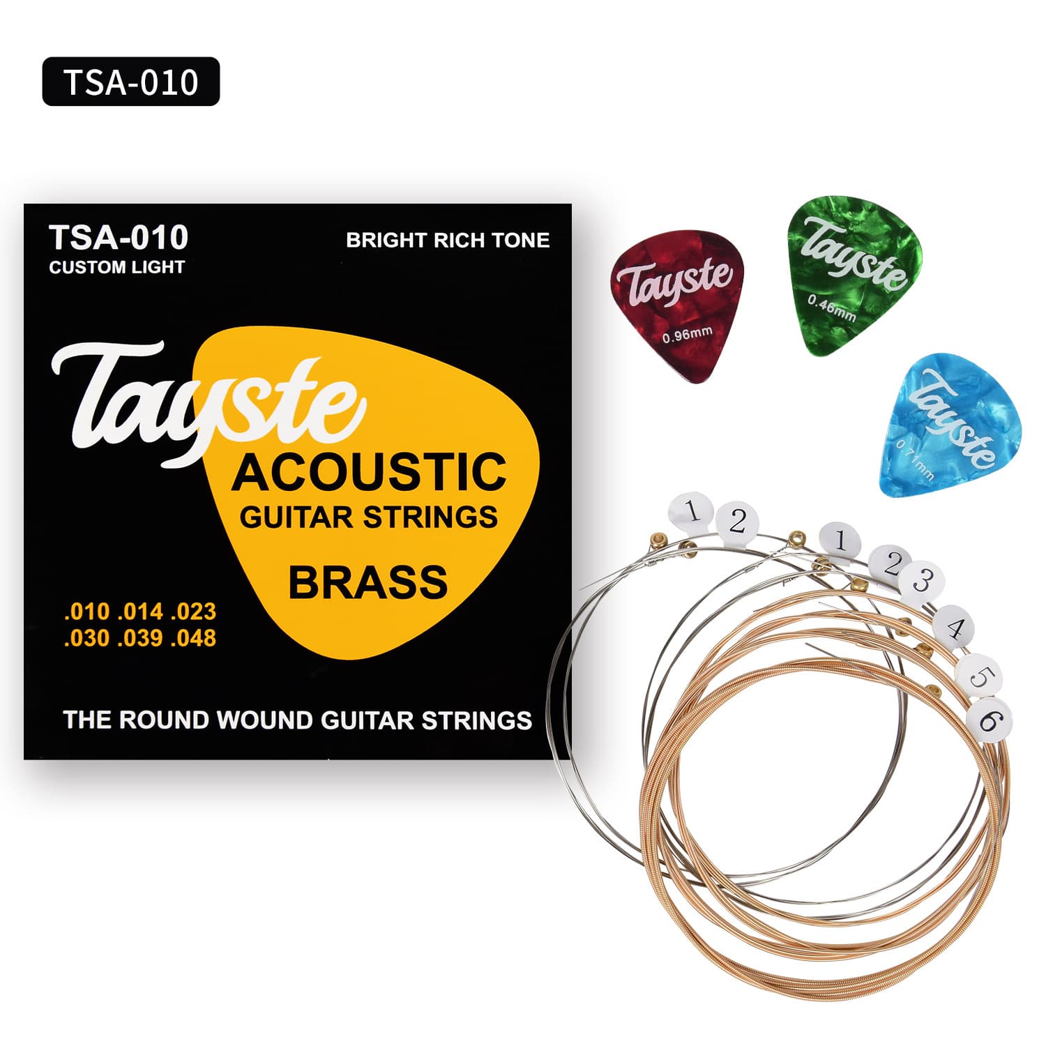 Musical instrument accessories, folk guitar strings, sets of strings in gauges 010, 011, 012.