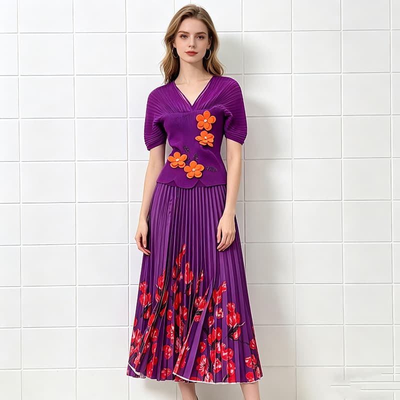 Miyake Pleated Floral Decorative Slimming Loose Top Printed Versatile Pleated Skirt Plus Size Women's Set