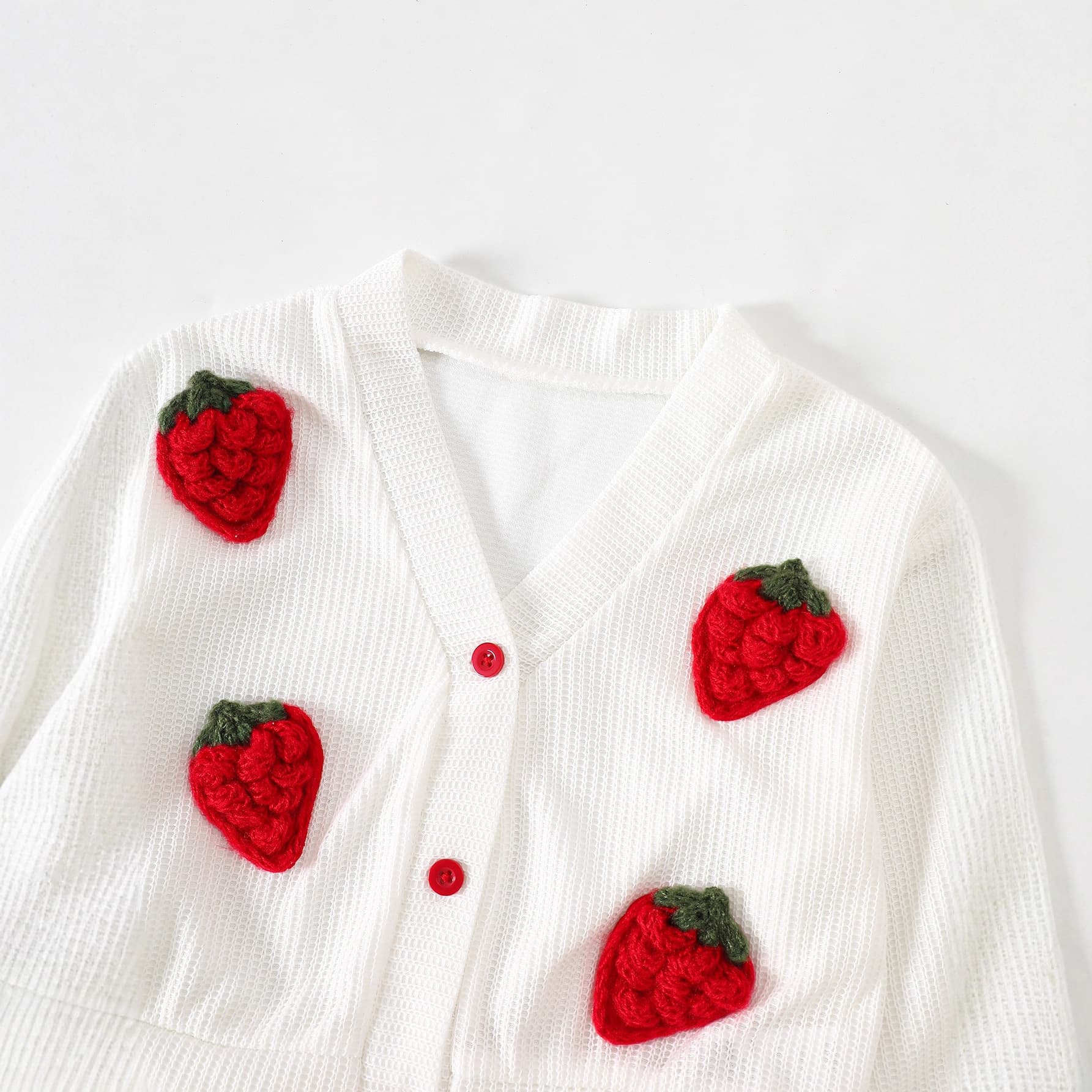 Young Girls 2-Piece Set Cute Decor Strawberry V-Neck Cardigan + Embroidered Strawberry Ripped Casual Pants