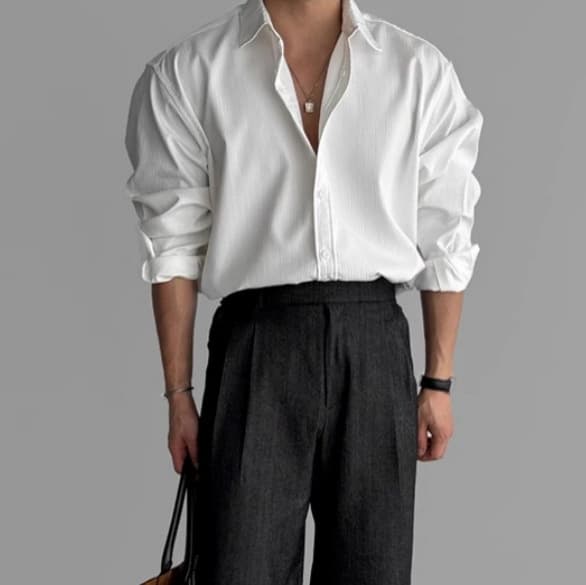 High-quality "textured" solid color shirt men's long-sleeved spring and autumn loose shirt Korean niche casual inch shirt