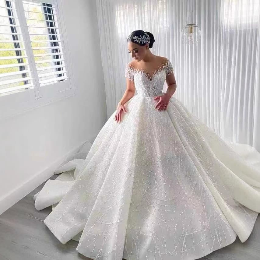 New African Wedding Dress with Beaded Lace, Light Skin Tone Long Sleeve with Large Train, White Bridal Gown