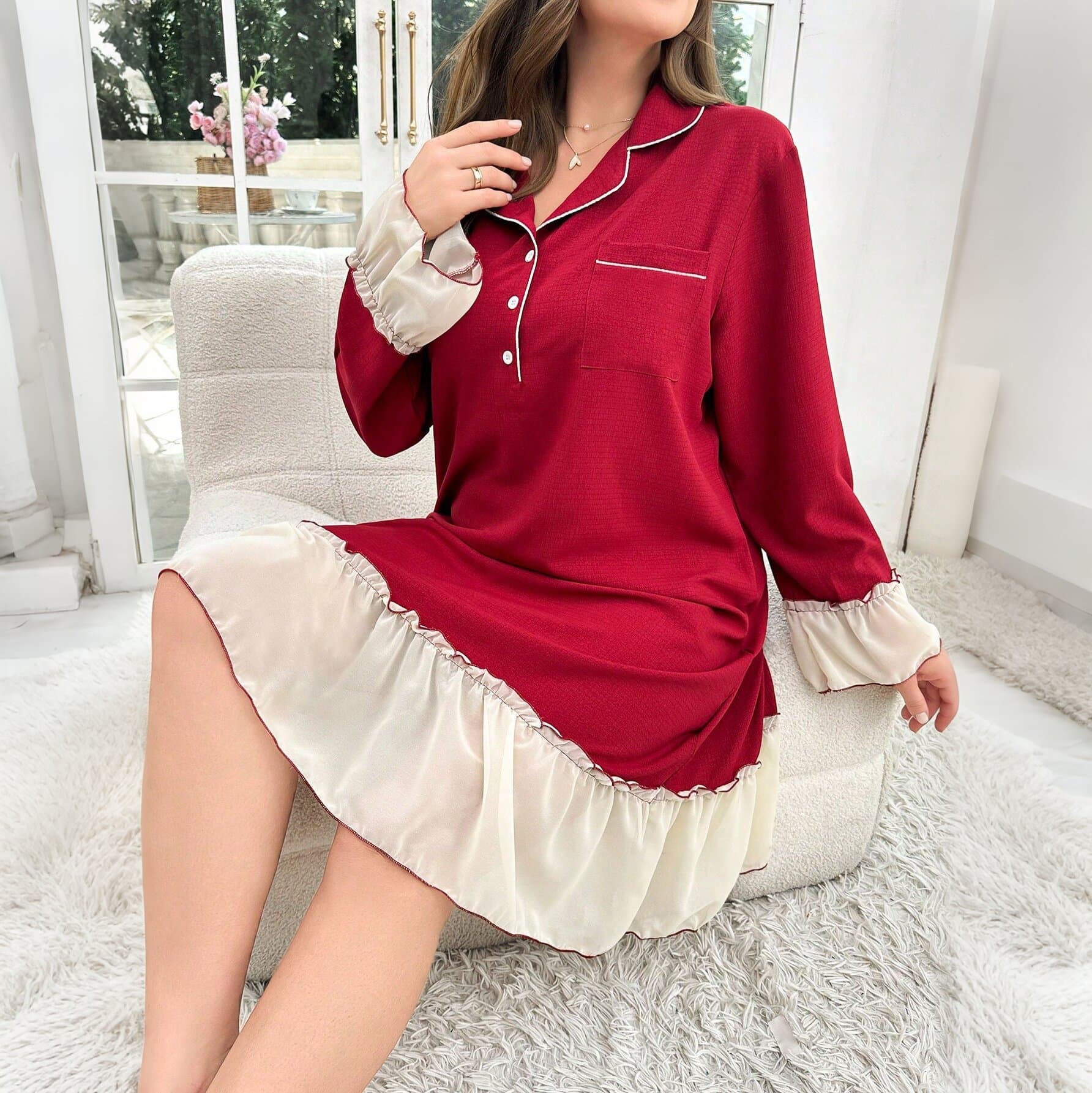 New French Chiffon Pajamas for Women Spring Summer Plus Size Long Sleeve Casual Loungewear Cross-Border Plus Size Sleep Dress Outwear