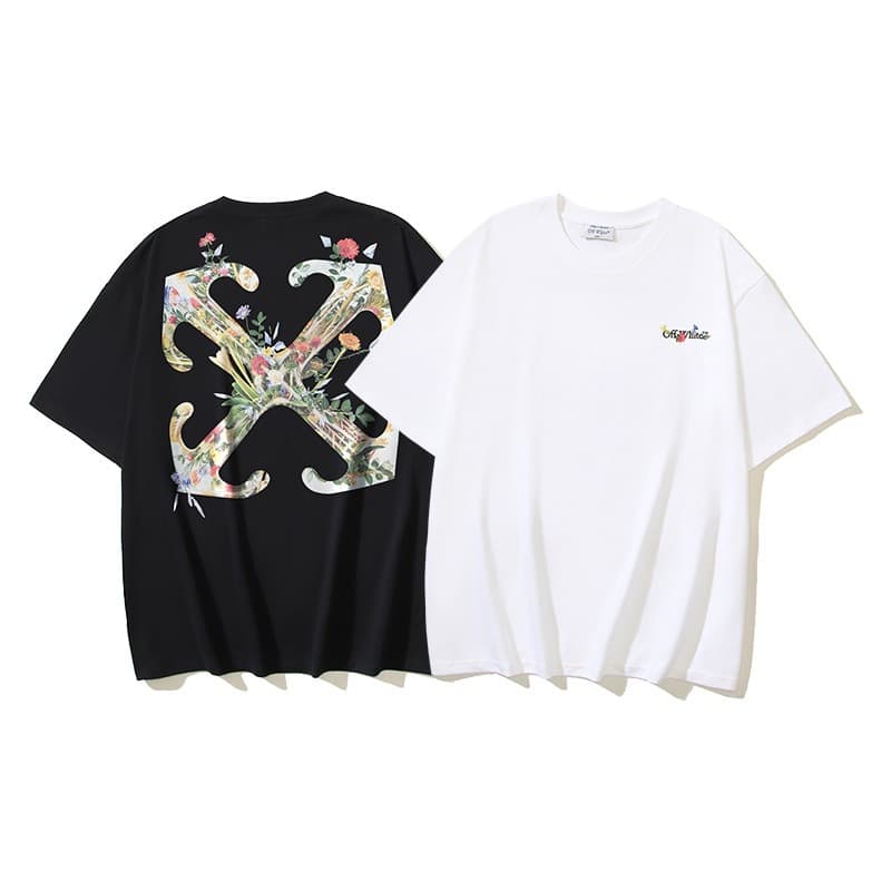 Summer streetwear OFF-WHITE heavy-duty Glass Flower round neck short sleeve T-shirt