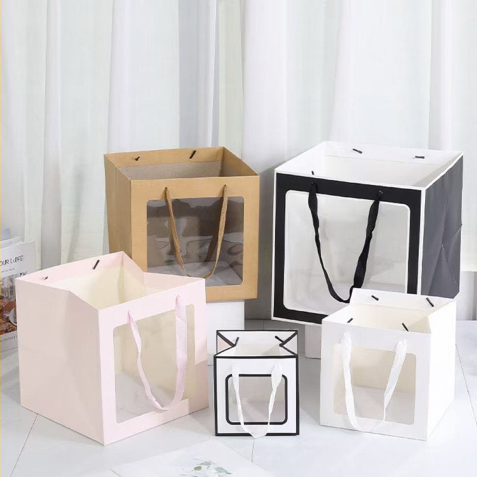 Square Gift Bag with Window, Handled Cake Storage Paper Bag Packaging Box, Simple Kraft Paper Bag Packaging Bag