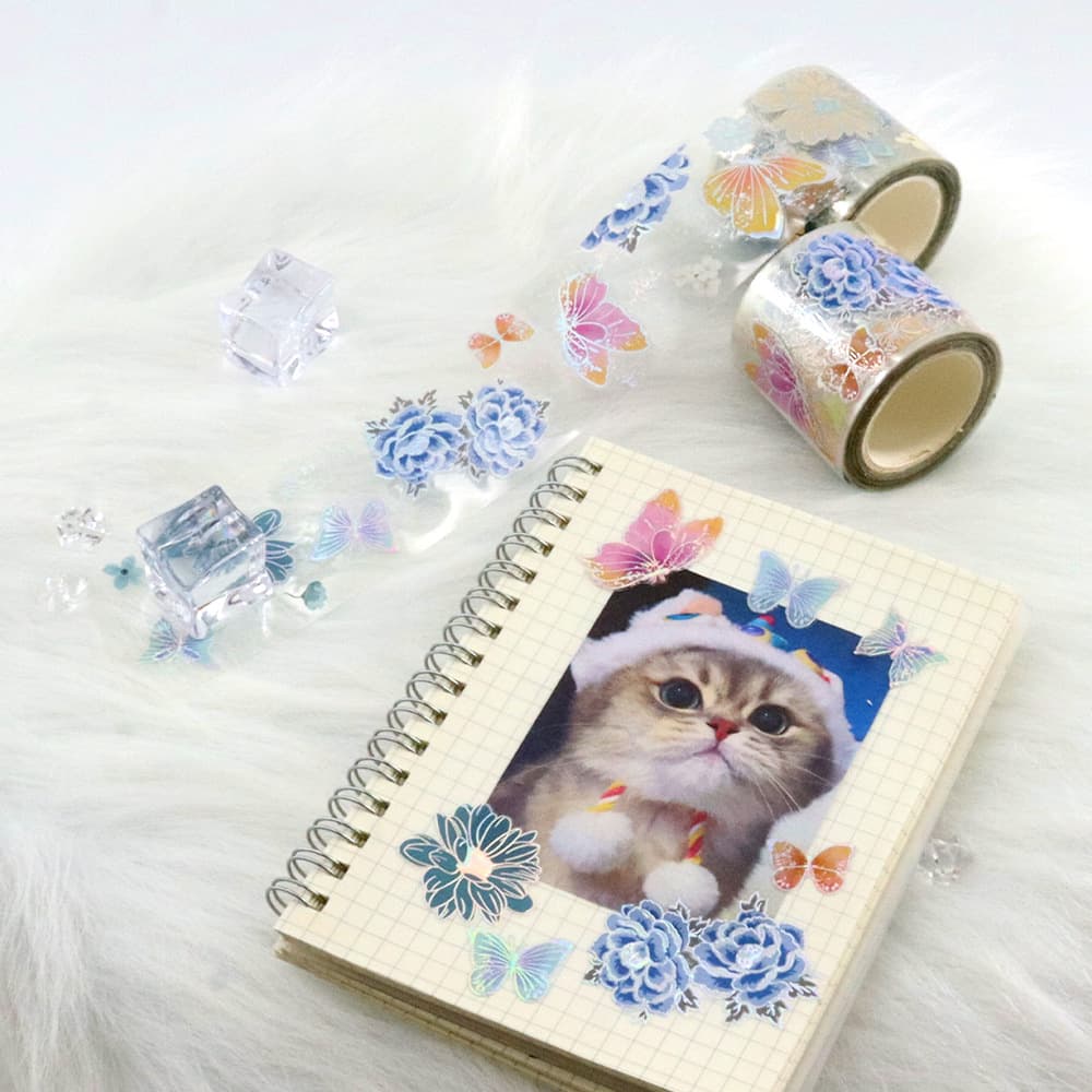 PET Transparent Flower Butterfly Hot Stamping Holographic UV Full Roll Material Pre-cut Stickers for Journaling