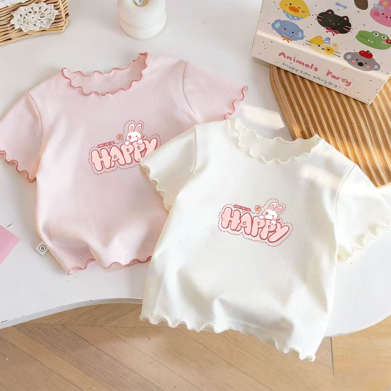 Girls' pure cotton HAPPY rabbit printed short-sleeved T-shirt for baby girls summer new style fungus-edged all-match cute top