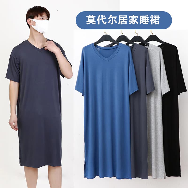 New Summer Modal Men's Short Sleeve V-Neck Nightgown Loose Plus Size Casual Home Over-the-Knee Sleep Dress