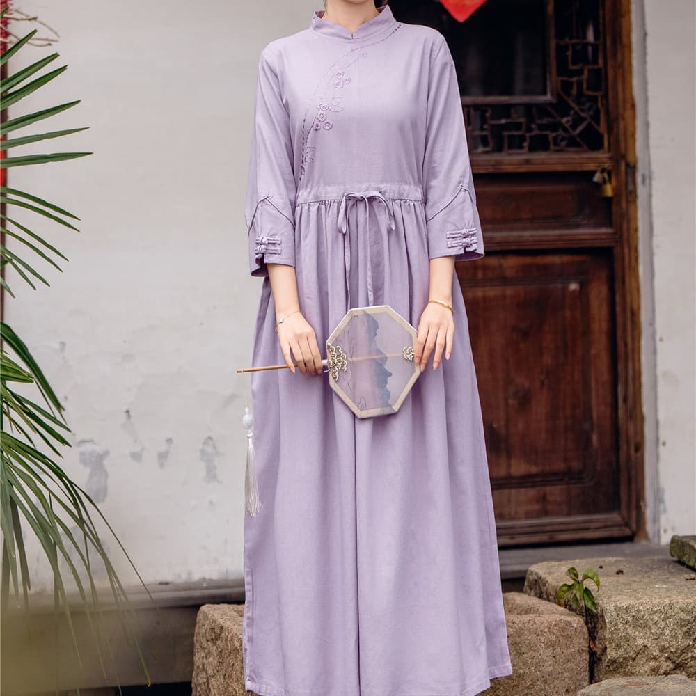 2025 Spring National Pure Color Cotton Linen Drawstring Waist Long Dress Artistic Embroidery Stand Collar Three-Quarter Sleeve Women's Dress