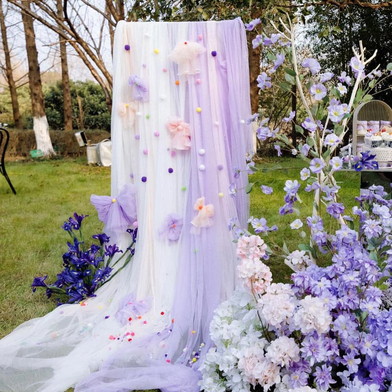 Dopamine Wedding Arch Decoration Colorful Sheer Drape Setup Forest Monet Garden Outdoor Wedding Decor Swiss Voile