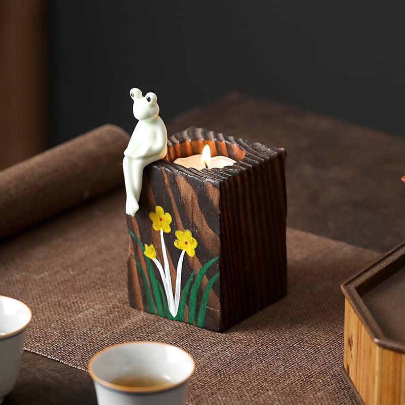 Cross-border Carbonized Wooden Candle Holder Frog Candle Holder Home Pinewood Incense Stand Candle Tray Wedding Decoration