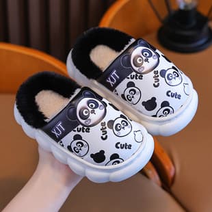 Children's Cotton Slippers Boys Girls Autumn Winter New Warm PU Leather Waterproof Cartoon Baby Kids Cotton Slippers Anti-Slip