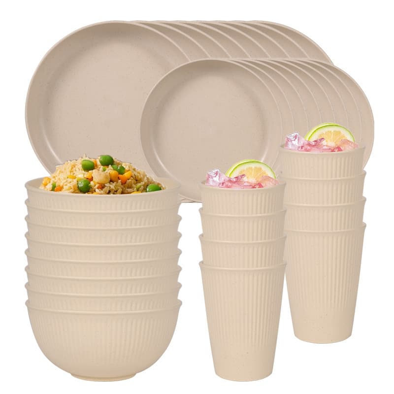 Cross-border Hot-selling Wheat Straw Tableware Striped Plates Salad Bowls Household Dinner Plates Cups Salad Bowl Sets