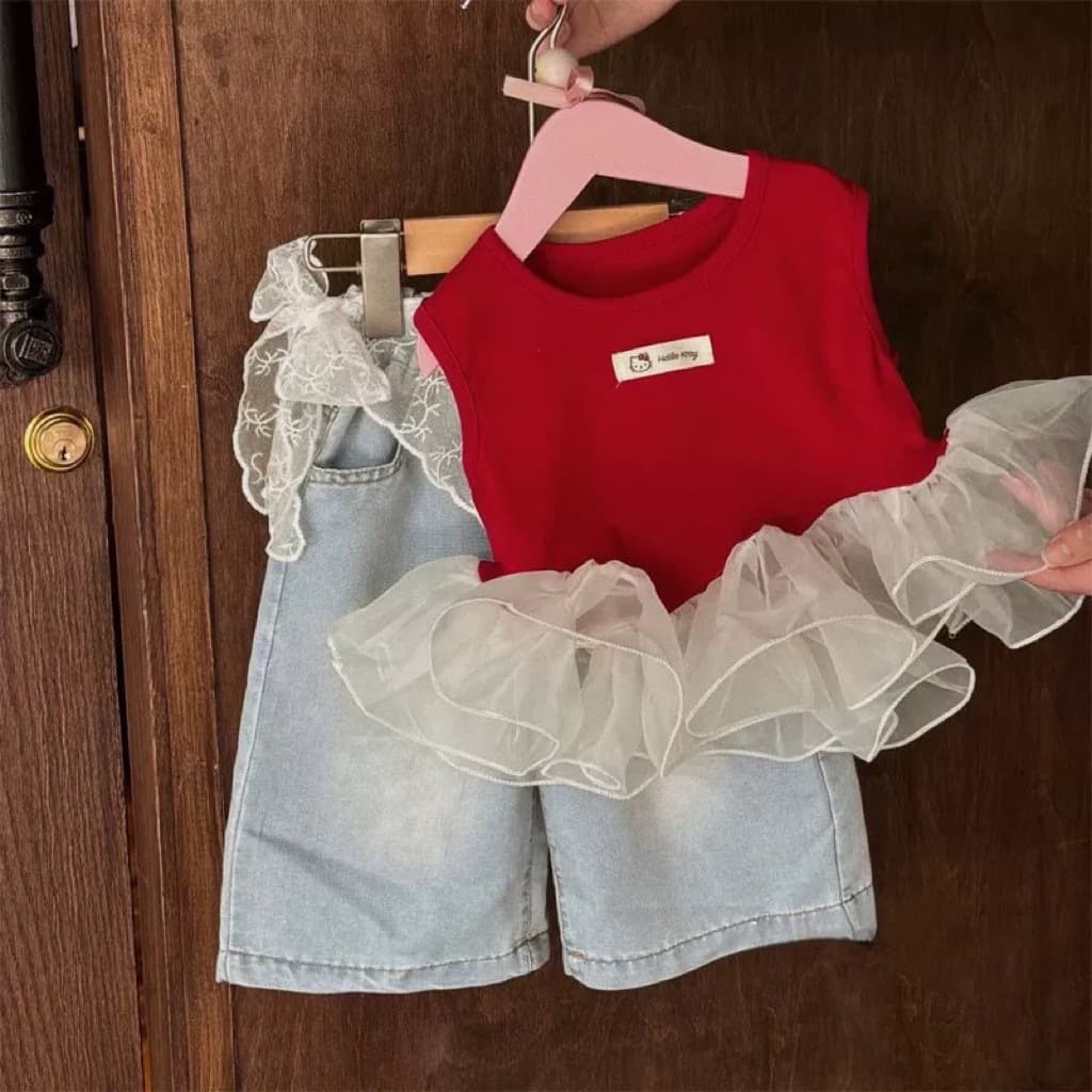 Cream Girl Set Top Vest Denim Straight Leg Pants 2025 New Girls Sleeveless Summer Patchwork Two-Piece Set