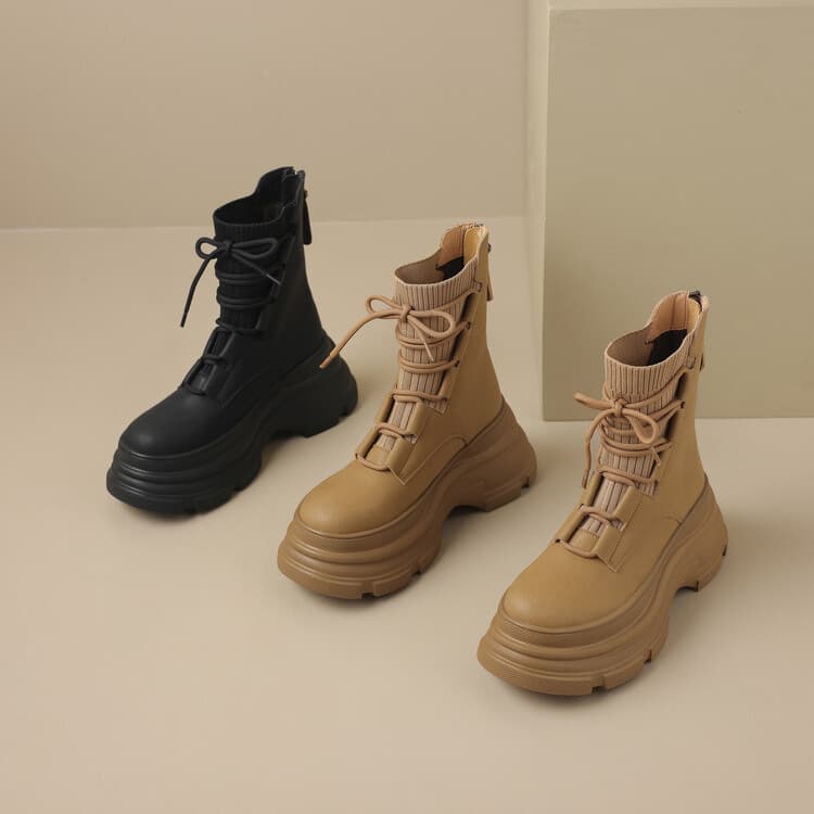 Thick-Soled Short Martin Boots for Women 2024 Autumn Winter New Arrival Height-Increasing Slimming Platform Knitted Fashion Boots