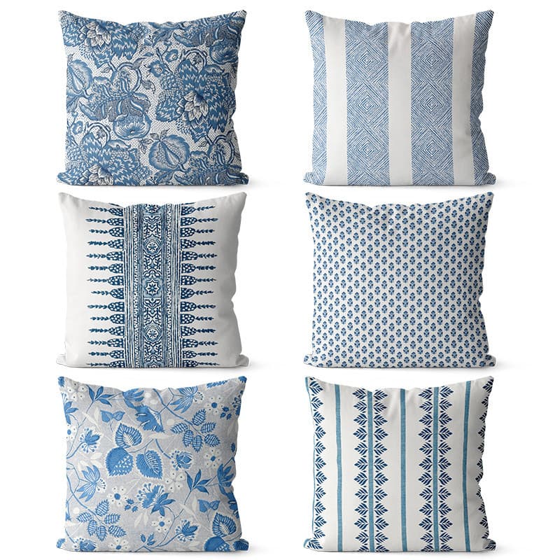 American simple blue pattern cotton and linen double-sided pillow sofa cushion bedside large backrest long waist pillowcase fixed size F^