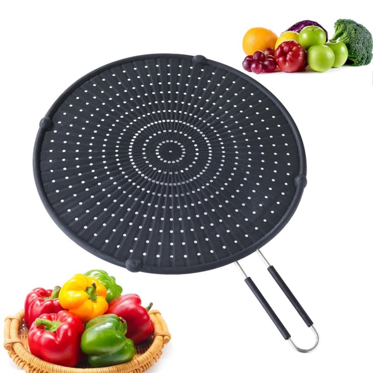 Kitchen anti-oil frying splash guard, stainless steel silicone oil screen, vegetable draining filter mesh