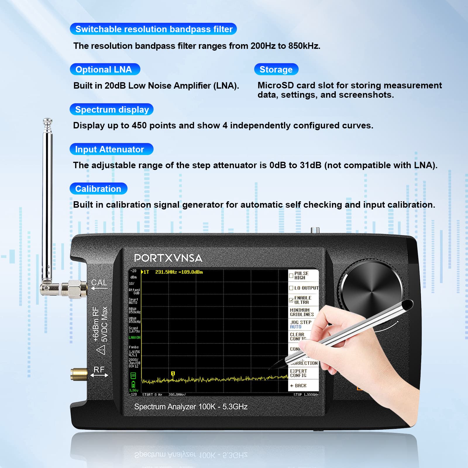 4-inch IPS LCD SA5 multifunctional handheld spectrum analyzer 100k-5.3GHz with signal generator