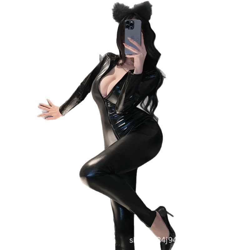 Joyful Lingerie Nightclub Uniform Long Sleeve Bodysuit Patent Leather Jumpsuit Sexy PU Leather Black Set for Women