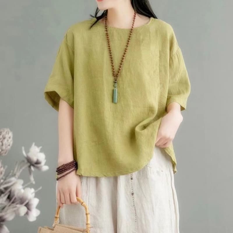Casual Cotton Linen Short Sleeve T-Shirt Artistic Simplicity Large Size Loose Mom Fit Vintage Style Summer New Arrival Women's T