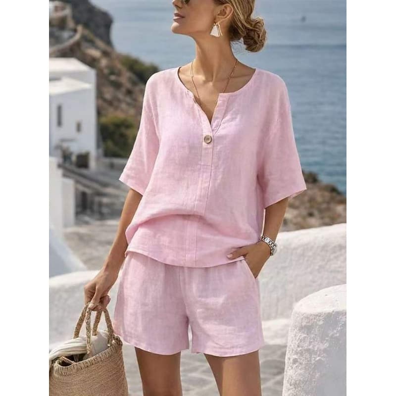 2026 Cross-border Europe and America Summer Cotton Linen Set Loose V-Neck Short Sleeve Five-Point Straight Leg Pants Vacation Style Two-Piece Set for Women