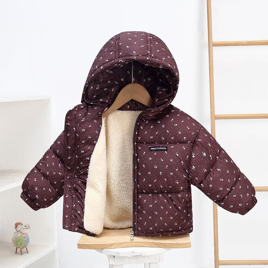 Children's Down Cotton Padded Jacket for Boys and Girls, Thickened Cotton Coat with Floral Print and Fleece Lining