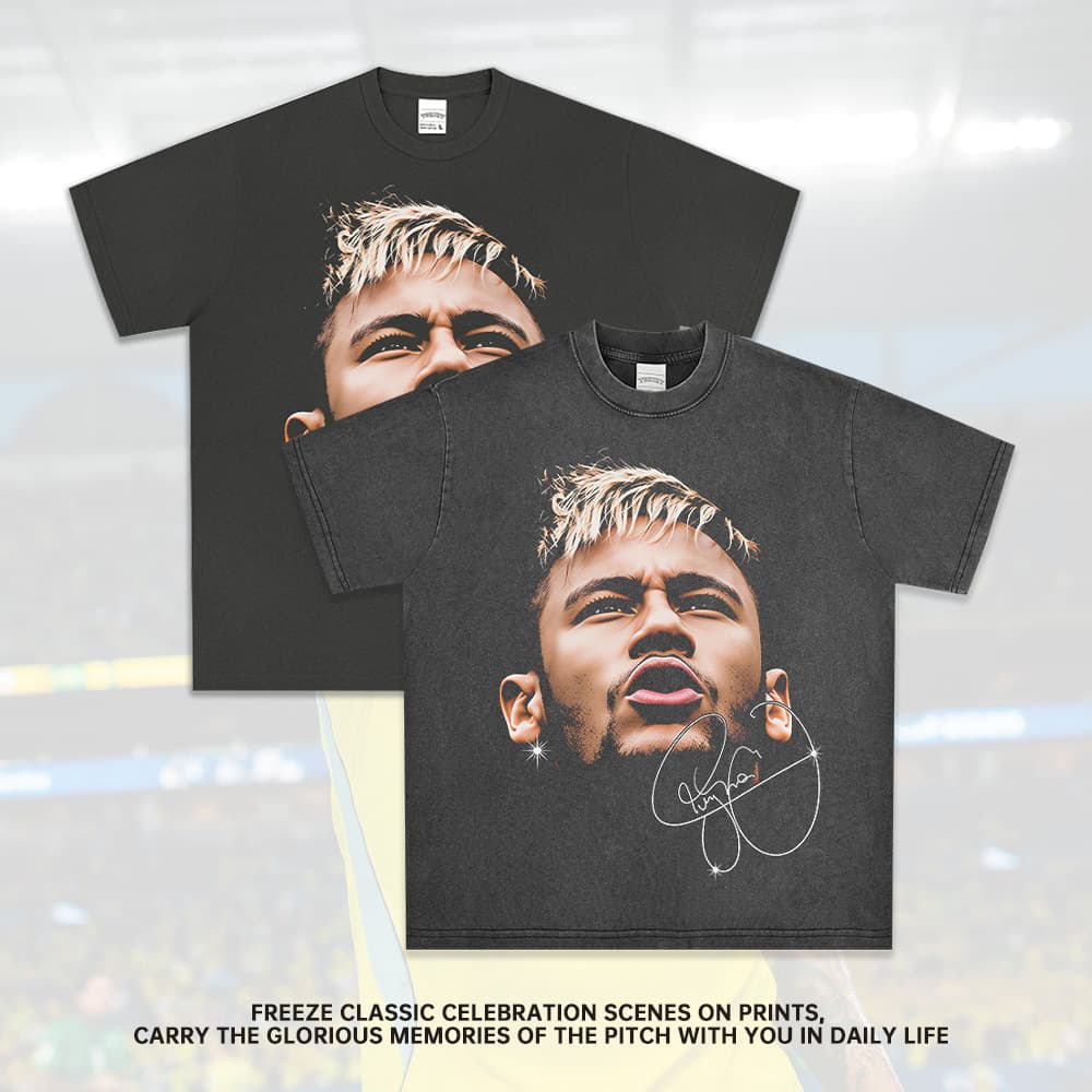 Cross-border popular Neymar Neymar big head printed short-sleeved oversize off-shoulder small neckline trendy cotton T-shirt